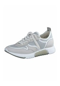 Sneaker grigio chiaro con mesh e pelle liscia, punta arrotondata, allacciatura frontale e suola ammortizzata. Presenta dettagli testurizzati e una linguetta per il tiraggio.