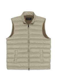 Bež pehme voodriga ilma varrukateta vest ees oleva tõmblukuga ja kahe ees oleva taskuga, kõrge kraega.