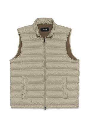 Chaleco sin mangas acolchado color beige con cremallera frontal y dos bolsillos delanteros, cuello alto y forro interior suave.
