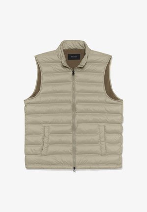 Bež zimska brezrokavnica s sprednjim zadrgo in dvema sprednjima žepoma, visokim ovratnikom in mehko notranjo oblogo.