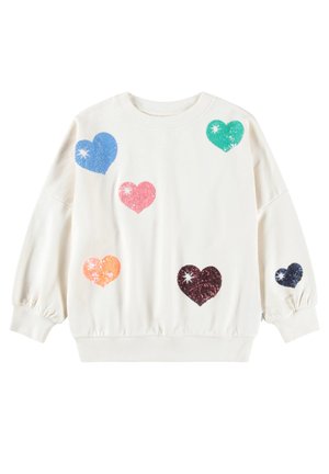 White long-sleeve sweatshirt with colorful sparkling sequin hearts in blue, green, pink, orange, purple, and navy scattered on front and sleeves.