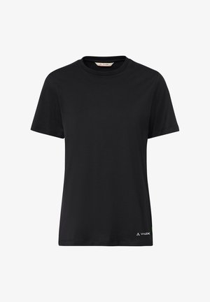 Schwarzes T-Shirt mit kurzen Ärmeln und Rundhalsausschnitt, kleines weißes Vaude-Logo am unteren rechten Saum, auf weißem Hintergrund dargestellt.