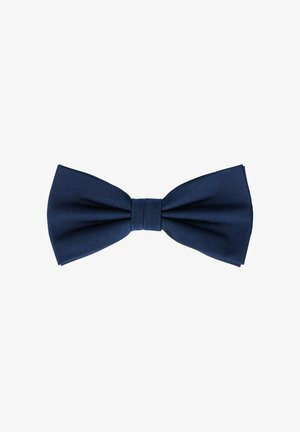 Navy blue fabric bow tie with a structured design, featuring a smooth texture and a central knotted band, displayed on a white background.