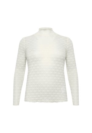 Top de manga larga y cuello alto hecho de tejido blanco transparente con un patrón geométrico texturizado; dobladillo en forma de ondas y diseño ajustado.