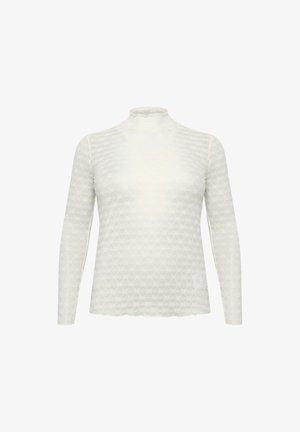Dlhý rukáv, top s vysokým golierom vyrobený z priehľadnej bielej látky s textúrovaným geometrickým vzorom; volánkový lem a priliehavý strih.