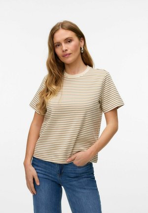 Striped beige and brown relaxed-fit t-shirt with short sleeves and a crew neckline, paired with blue denim jeans. Soft cotton texture.