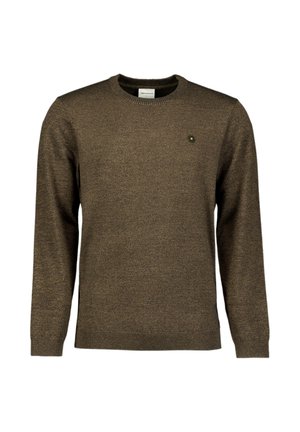 Bruine gebreide trui met een ronde hals en lange mouwen. Heeft een klein logo op de borst en een gestructureerd oppervlak.