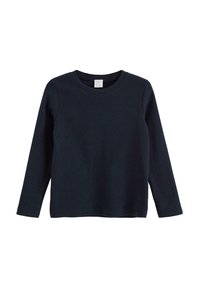 Långärmad marinblå ribbad T-shirt med rund halsringning och avslappnad passform. Bomullstyg med en mjuk textur. Inga synliga mönster eller detaljer.