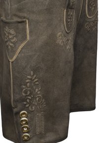 Shorts en suede marron avec des motifs floraux brodés, deux poches latérales et des boutons décoratifs le long de l'ourlet. Design texturé et ajusté.