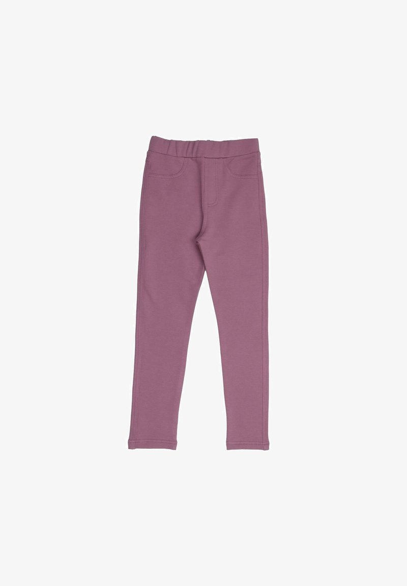 Lila Leggings aus weichem, dehnbarem Stoff. Sie verfügen über einen breiten, elastischen Bund und zwei Fronttaschen mit gestickten Akzenten.