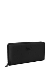 Black leather wallet with a textured pattern of raised dots, zip closure, and an embossed logo on the front. Rectangular shape, sleek design.