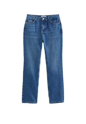 Vaqueros azules de corte recto con botón y cremallera frontales, cinco bolsillos y trabillas para cinturón, mostrados sobre un fondo blanco liso.