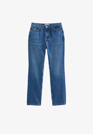 Jean denim bleu à jambes droites avec boutons et fermeture éclair à l'avant, cinq poches et passants pour ceinture, présenté sur un fond blanc uni.