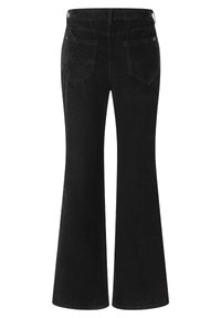 Black corduroy flared pants with a textured finish, featuring back pockets and a mid-rise waistband.