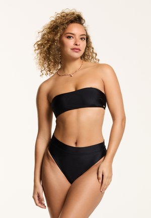 Black strapless bikini top with a smooth, shiny texture, paired with high-waisted black bikini bottoms. No visible patterns or accents.