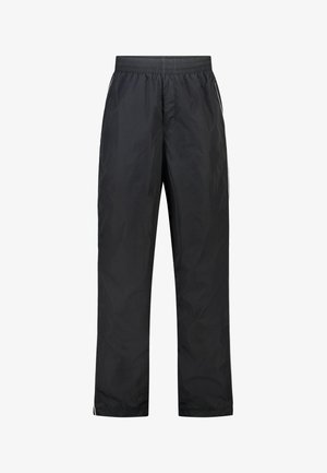 Zwarte lichtgewicht sportbroek met elastische tailleband en rechte pijpen, voorzien van zijritszakken en subtiele reflecterende zijstrepen.