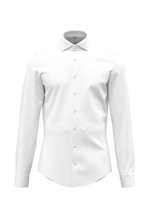 Langärmliges weißes Hemd mit klassischem Kragen, Knopfleiste und glattem, strukturiertem Stoff mit geradem Saum.