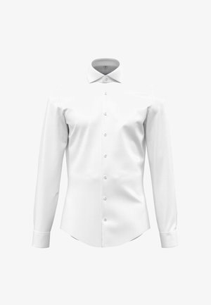 Camicia bianca a maniche lunghe con colletto classico, chiusura con bottoni e un tessuto liscio e texture, con orlo dritto.
