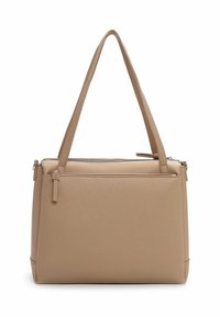Beżowa, syntetyczna torba z dwoma długimi uchwytami, o prostokątnym kształcie, teksturowanej powierzchni, górnym zamkiem błyskawicznym i minimalistycznym designie.