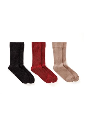 Three pairs of ribbed crew socks in black, red, and beige, neatly arranged side by side on a white background.