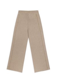 Pantalones de pierna ancha en color beige, confeccionados con un material suave, que cuentan con una cinturilla acanalada, costuras laterales y un bolsillo trasero.