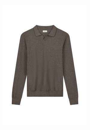 Tumši brūns pulovers ar apkakli, V veida kakla dizainu, garām piedurknēm un ribota apakšmalu. Izgatavots no tekstūrētas dzijas materiāla.