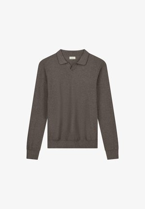 Tumepruun kapuutsiga kudumisel särk, V-kaeluse disain, pikad varrukad ja soonikkoes äär. Valmistatud tekstureeritud kudumismaterjalist.