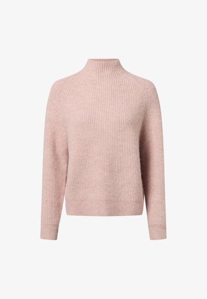 Hellrosa gerippter Strickpullover mit langen Ärmeln und einem Stehkragen, vor einem weißen Hintergrund präsentiert.