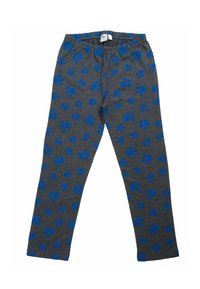 Pantaloni da pigiama grigi con cintura elastica, caratterizzati da un motivo ripetuto di impronte azzurre su tutta la stoffa. Materiale di cotone morbido.