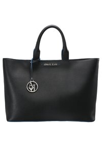 Czarna syntetyczna torba na ramię z niebieskimi akcentami, wyposażona w podwójne uchwyty, metaliczny charms z logo oraz wytłoczoną nazwę marki z przodu.