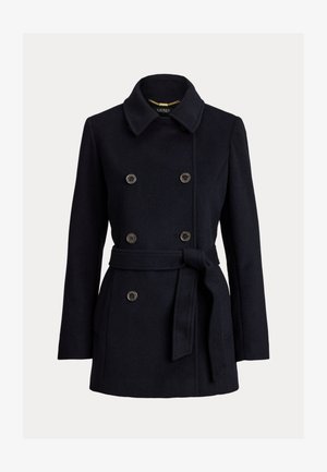 Tumesinine villane peacoat kahekordse kinnitusega, suurte nööpidega, vöö ja sakilise kraega. Sile tekstuur ning küljetaskud.