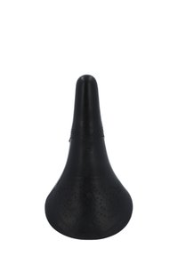 Zwarte fietszadel met een rond gevormd ontwerp, ingewikkelde stikpatronen en een gladde lederen textuur. Tapserend ontwerp met subtiele perforaties.