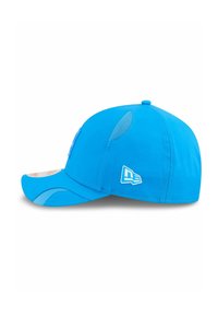 Bright blue baseball cap with a curved brim, featuring mesh panels on the sides and a white logo on the side. Smooth fabric texture.