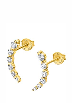 Boucles d'oreilles dorées avec un design courbé, ornées de multiples pierres précieuses rondes et transparentes disposées en motif descendant. Fermeture à pression sécurisée.
