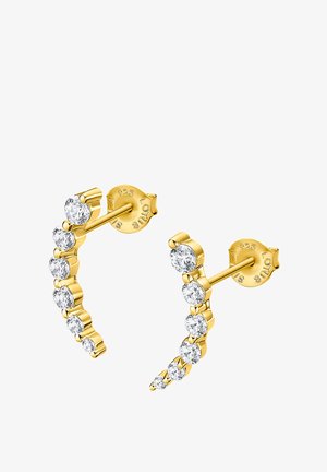 Boucles d'oreilles dorées avec un design courbé, ornées de multiples pierres précieuses rondes et transparentes disposées en motif descendant. Fermeture à pression sécurisée.