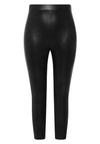 Černé skinny kalhoty z umělé kůže s vysokým pasem, hladkým povrchem, rovnými švy a délce ke kotníkům.