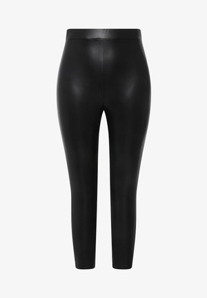 Hochtaillierte schwarze Skinny-Hosen aus Kunstleder mit glatter Oberfläche, geraden Nähten und knöchellanger Schnittform.