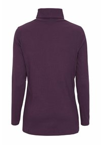 Long-sleeve top in dark purple, with a high collar and ribbed texture. Smooth fabric with long sleeves and a straight hem.