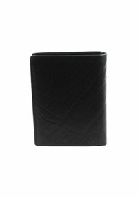 Black leather wallet, featuring a textured surface, rectangular shape, and clean edges; compact design suitable for carrying cards and cash.