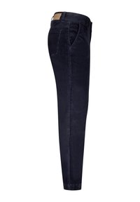 Marineblå kordfløjspants, slim-fit design, med sidelommer og en bagpatchlomme, glat tekstur og subtil ribbet mønster.