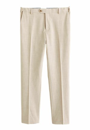 Beige dress pants made from a textured fabric, featuring a standard waistband, front pleats, and a single button closure.