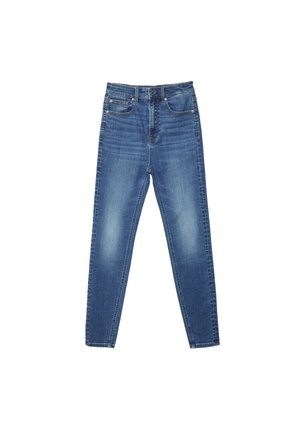 Jean en denim bleu taille haute, coupe slim, avec poches à l'avant et à l'arrière, fermeture par bouton, et un léger effet délavé sur les cuisses et les genoux.