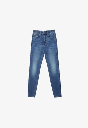 Jeans slim fit blu a vita alta con tasche anteriori e posteriori, chiusura con bottoni e sottili dettagli sbiaditi su cosce e ginocchia.