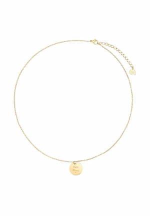Gold chain necklace with a circular pendant. Pendant engraved with "hate Mom." Features a lobster clasp and an extender chain.
