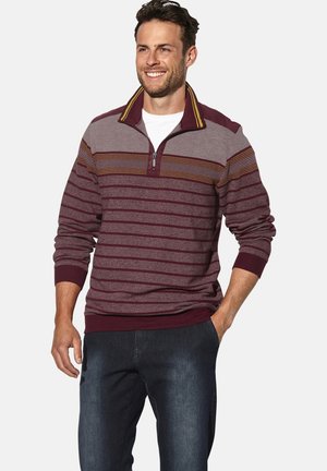 Bordeaux-rot und grau gestreifter Pullover mit Reißverschlusskragen, gestrickter Stoff, gerippte Bündchen und Saum, mit Akzentstreifen in Gelb und Hellgrau.