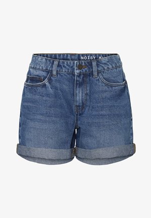 Denim shorts in dark blue, featuring a rolled hem, five-pocket design, and a button closure at the waist. Label reads "NOISY MAY."