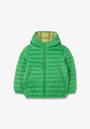 Grüne Pufferjacke mit Kapuze, mit horizontaler Steppstruktur, Reißverschluss vorne und zwei Seitentaschen. Innenfutter ist in einem helleren Grünton.