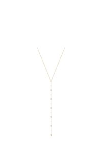 Collana d'oro con una delicata catena e accenti circolari, che si sviluppa a forma di Y, con una finitura liscia e una texture lucida.