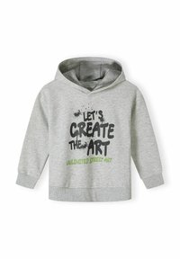 Grå huvtröja med en framsida som har en grafik som står "Låt oss SKAPA KONST" i svart och grönt, med en mjuk yta och ribbade ärmslut.