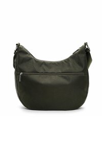 Borsa a spalla in nylon verde oliva con superficie testurizzata, forma arrotondata e tasca frontale con zip. Presenta una tracolla regolabile.